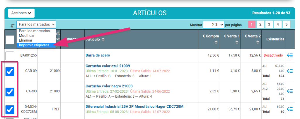 Seleccionar los artículos que queremos imprimir. Seleccionar los artículos que queremos imprimir.