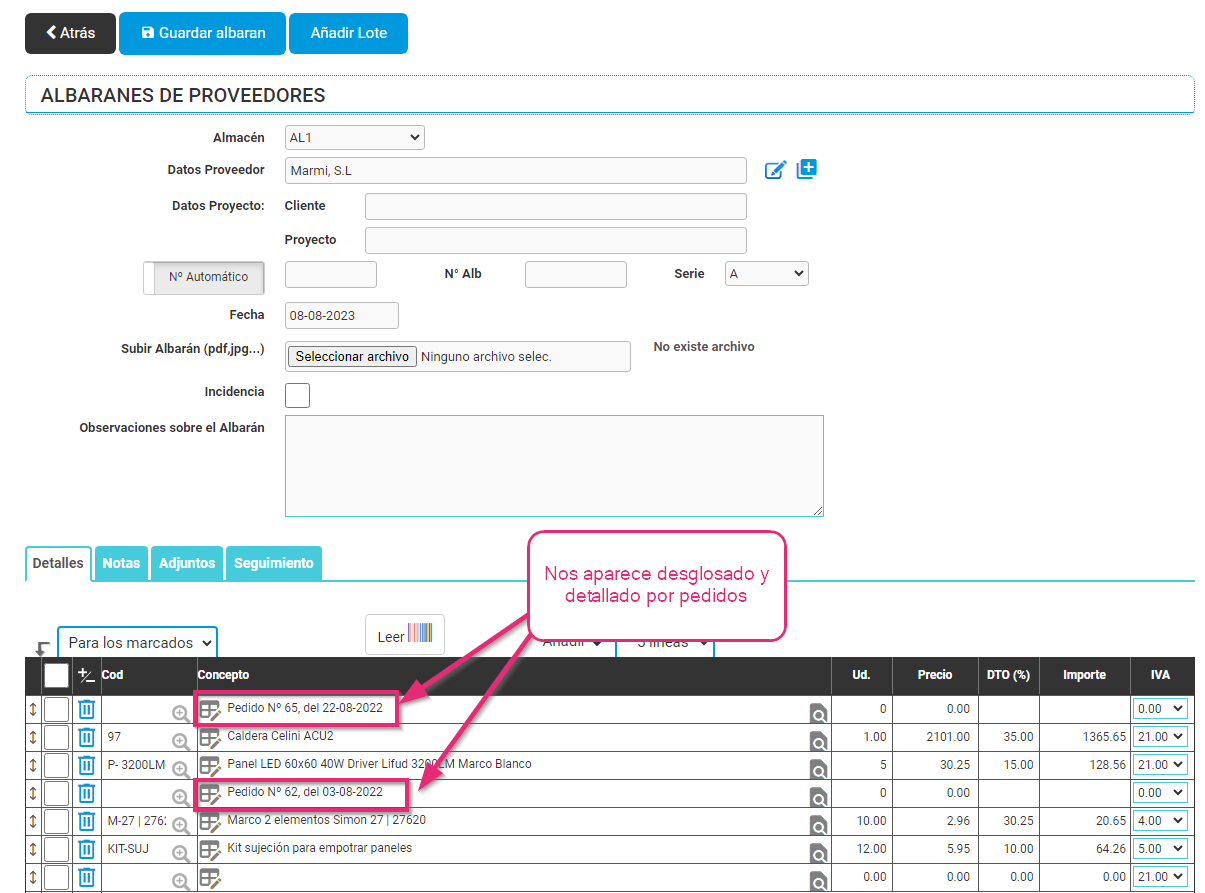 Albarán realizado desde pedido de compras Albarán realizado desde pedido de compras