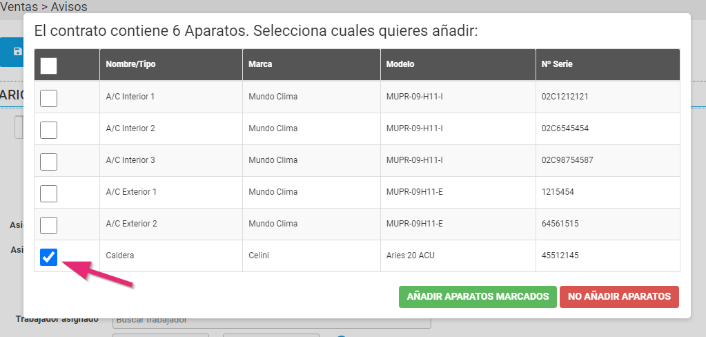 Seleccionar aparato para añadir al aviso Seleccionar el aparato para añadir al aviso