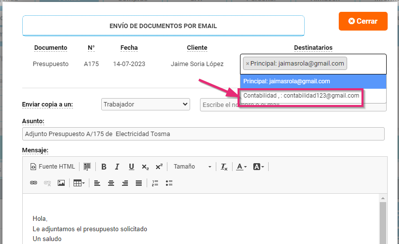 Añadir nuevo mail al enviar documento desde Cloud Gestion Añadir nuevo mail al enviar documento desde Cloud Gestion