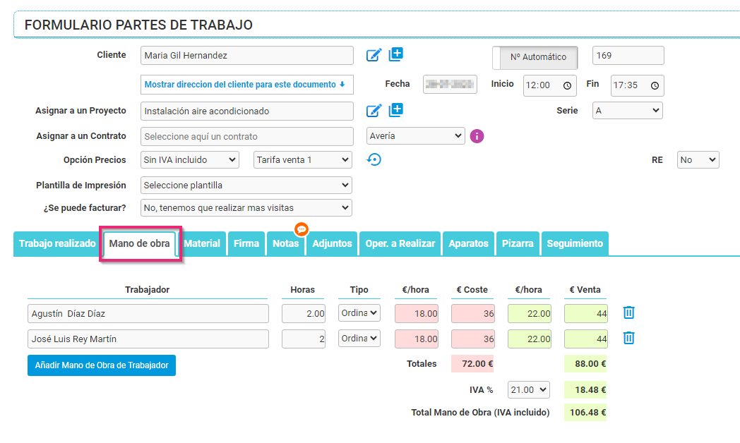 Añadir mano de obra en un parte de trabajo Añadir mano de obra en un parte de trabajo