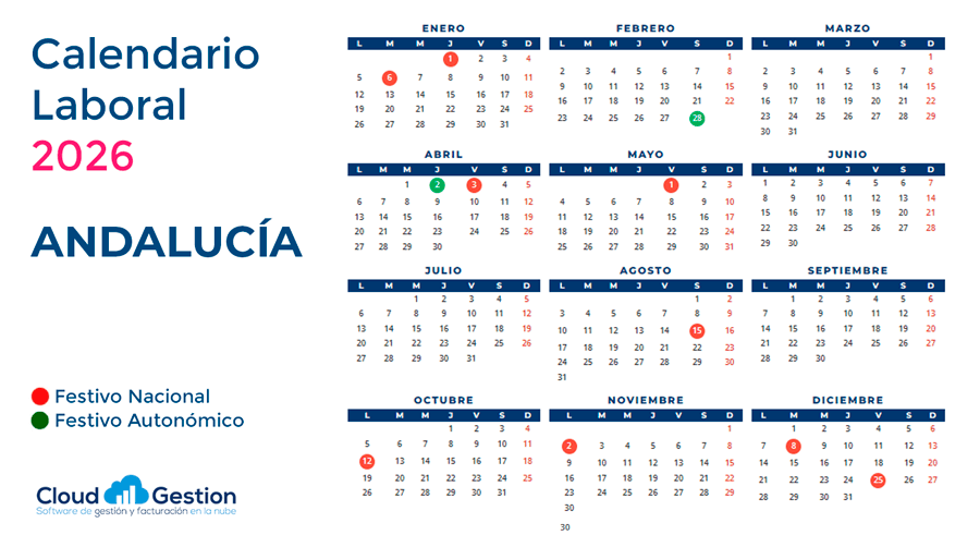 Calendario laboral 2026 en Andalucía: festivos nacionales y autonómicos Calendario laboral 2026 en Andalucía: festivos nacionales y autonómicos