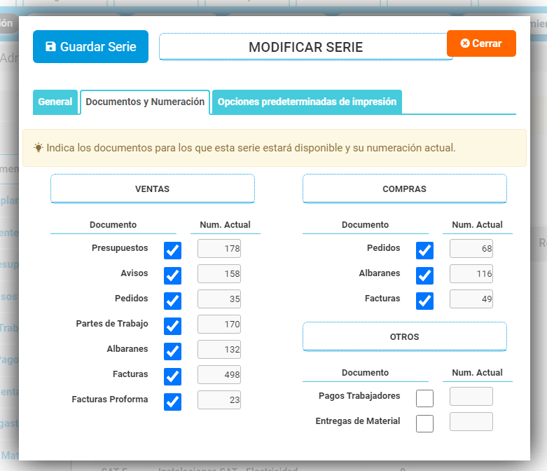 Configuración de serie, documentos y numeración