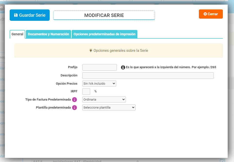 Configuración de serie: General