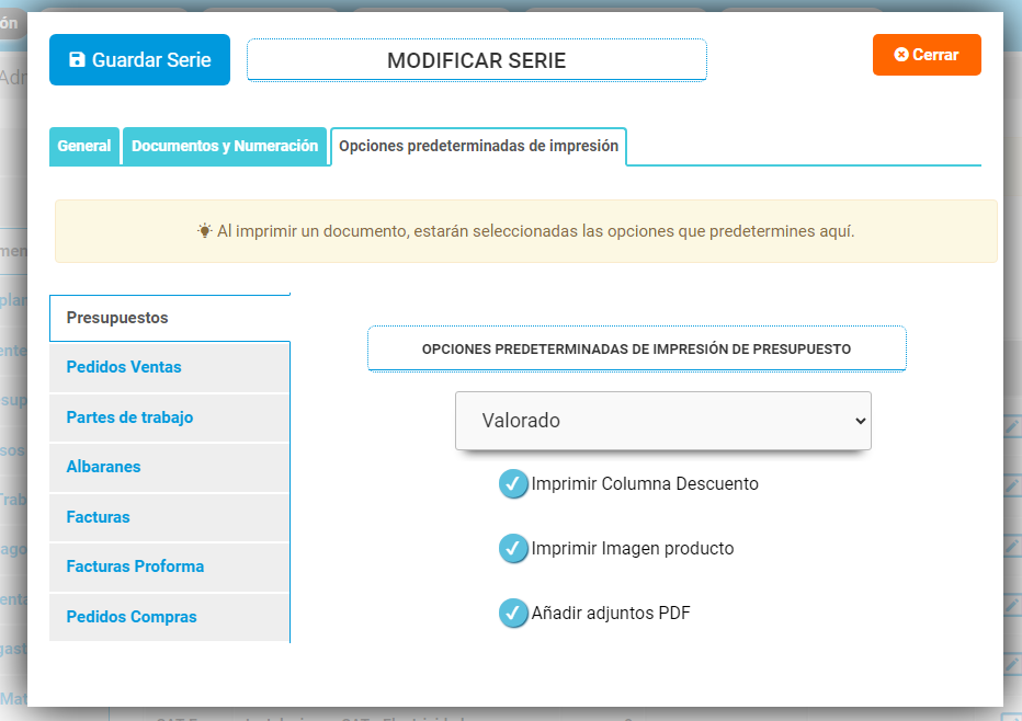 Configuración de serie: Opciones predeterminadas de impresión