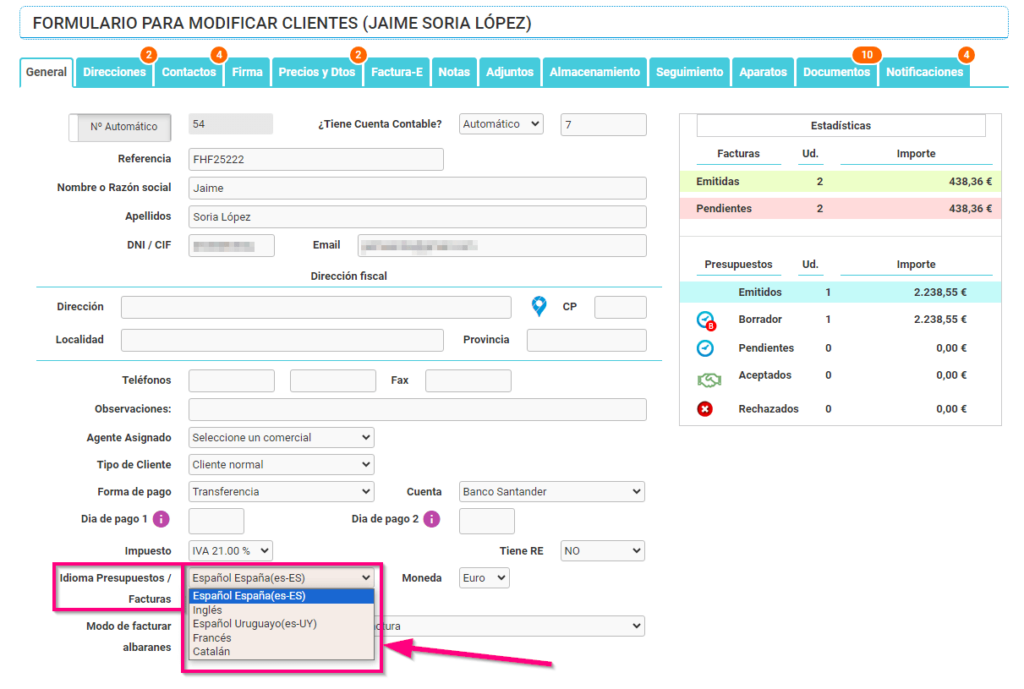 Configuración del idioma para presupuestos y facturas en Cloud Gestion