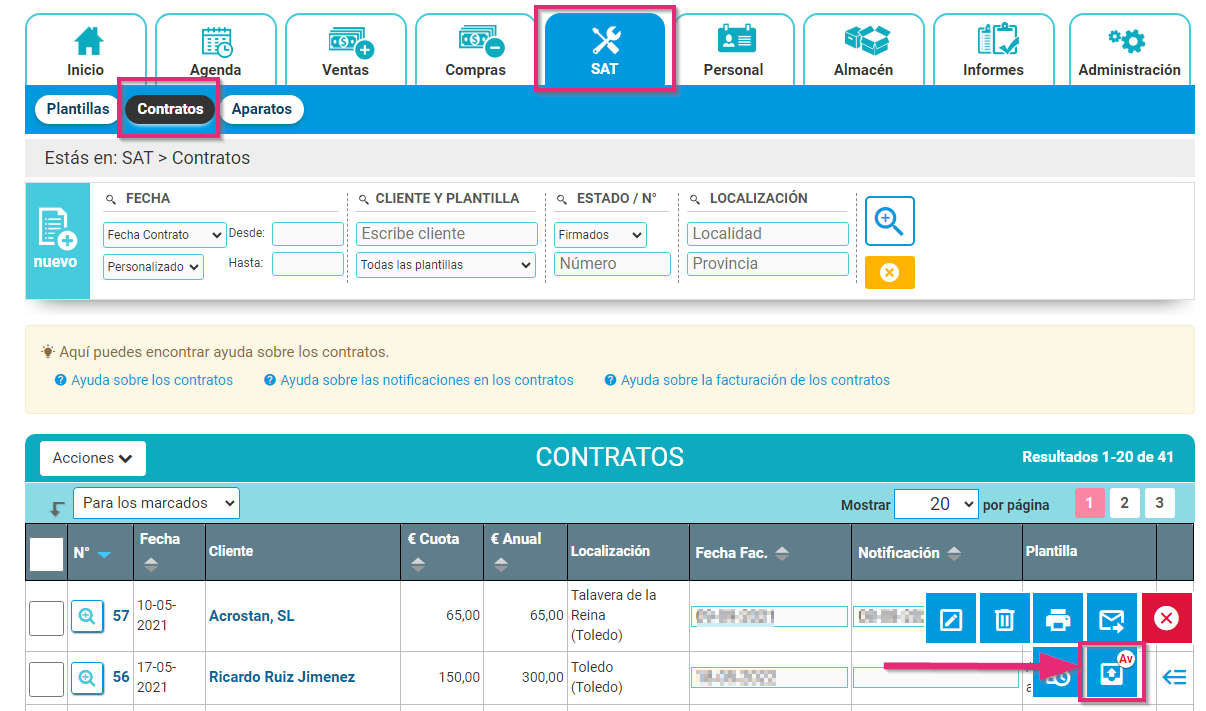 Crear aviso desde un contrato SAT Crear aviso desde un contrato SAT