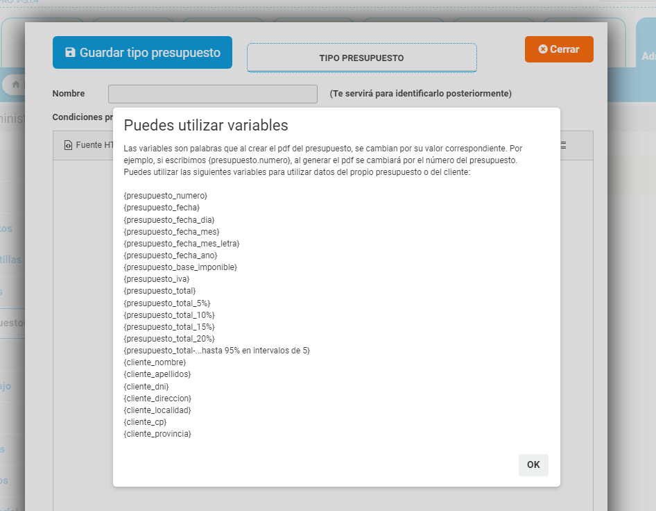 Crear tipo de presupuesto en Cloud Gestion: añadir variables Crear tipo de presupuesto en Cloud Gestion - Añadir variables