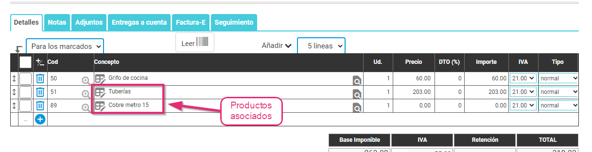 Productos asociados añadidos en documento Productos asociados añadidos en documento