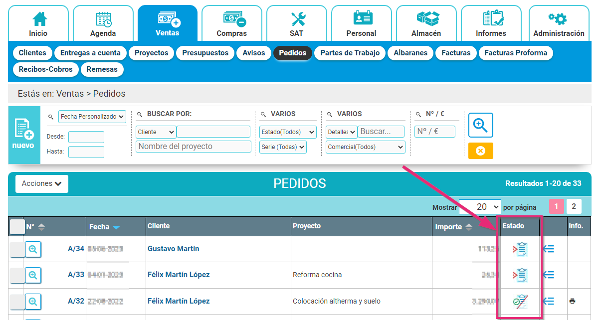 Listado de pedidos de ventas Listado de pedidos de ventas