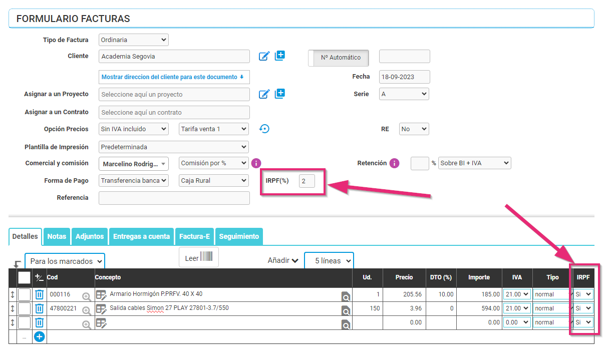 Factura con IRPF aplicado Factura con IRPF aplicado