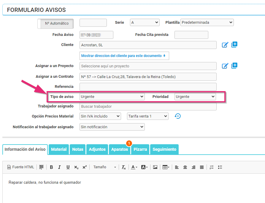 Formulario del aviso para un contrato SAT Formulario del aviso para un contrato SAT