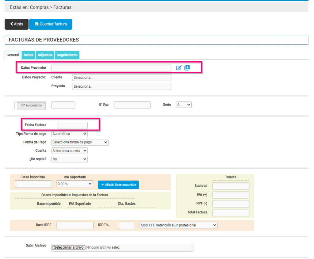 Formulario factura de compras en Cloud Gestion