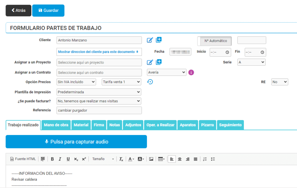 Formulario parte de trabajo Formulario parte de trabajo