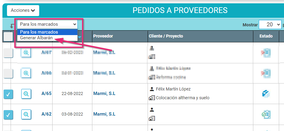 Generar albarán desde pedidos de compras Generar albarán desde para los marcados