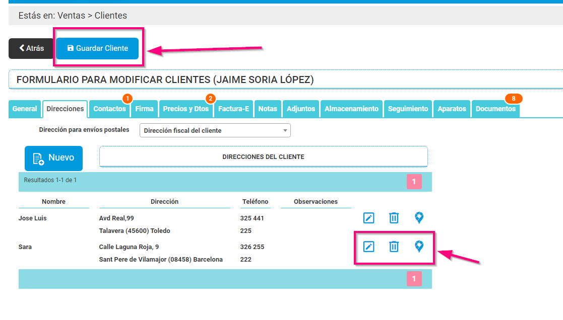 Guardar cliente para guarda las direcciones añadidas en su ficha Guardar cliente para guarda las direcciones añadidas en su ficha