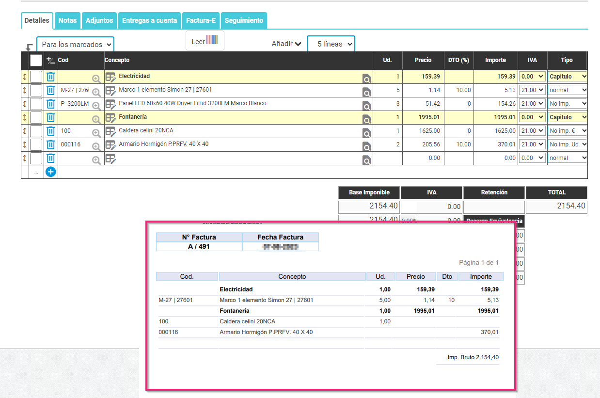 Visualización de documento impreso con partidas y distintas líneas seleccionadas en Cloud Gestion Visualización de documento impreso con partidas y distintas líneas seleccionadas en Cloud Gestion