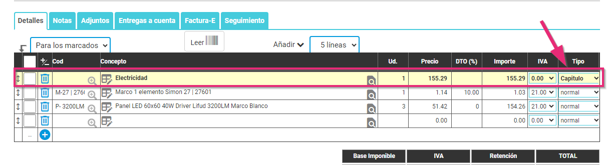 Crear partidas o capítulos en Cloud Gestion Seleccionar una línea como capítulo en Cloud Gestion