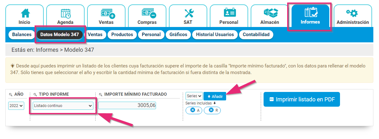 Descargar datos del modelo 347 en un listado separando por listado continuo Descargar datos del modelo 347 en un listado separando por listado continuo
