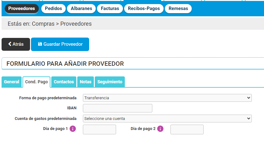 Crear nuevo proveedor - condiciones de pago Crear nuevo proveedor - condiciones de pago