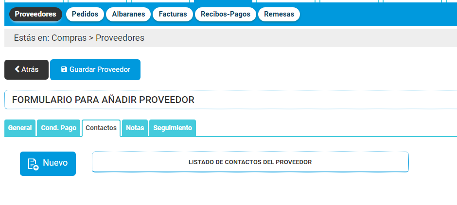 Crear nuevo proveedor - contactos Crear nuevo proveedor - contactos