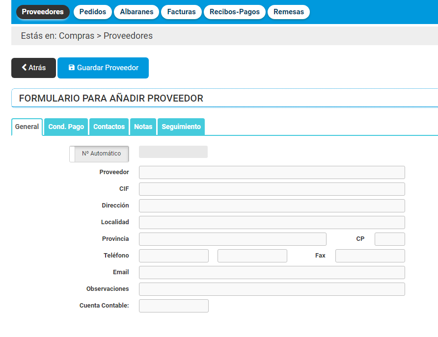 Crear nuevo proveedor - general Crear nuevo proveedor - general