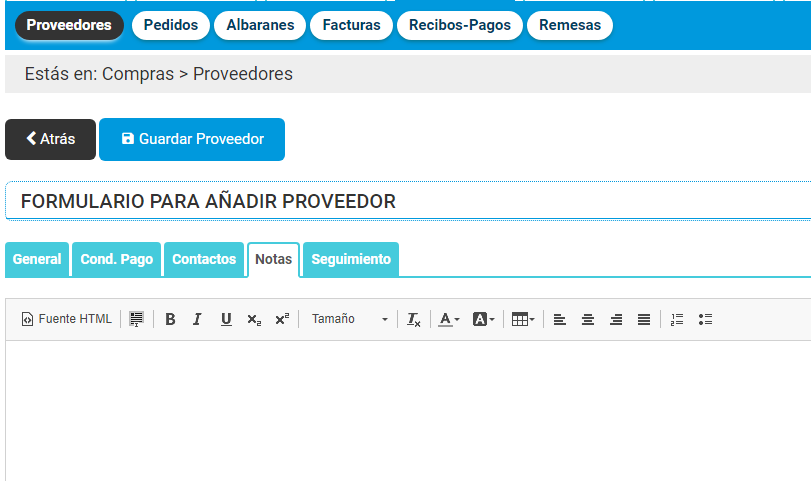 Crear nuevo proveedor - notas Crear nuevo proveedor - notas