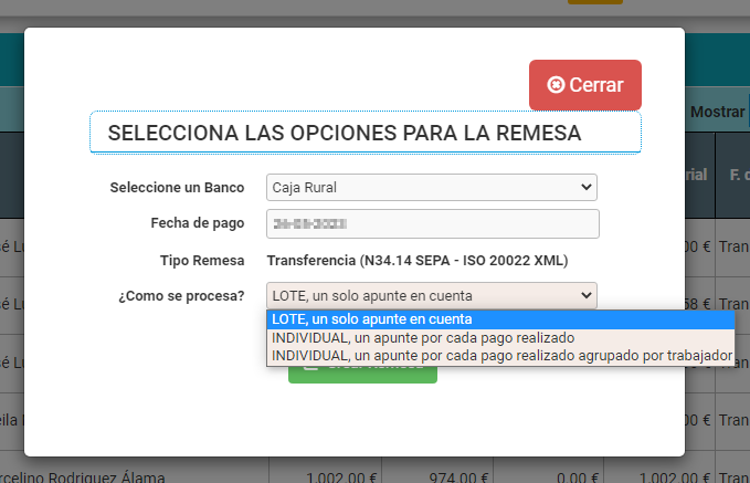 Opciones de remesa nómina Opciones de remesa nómina