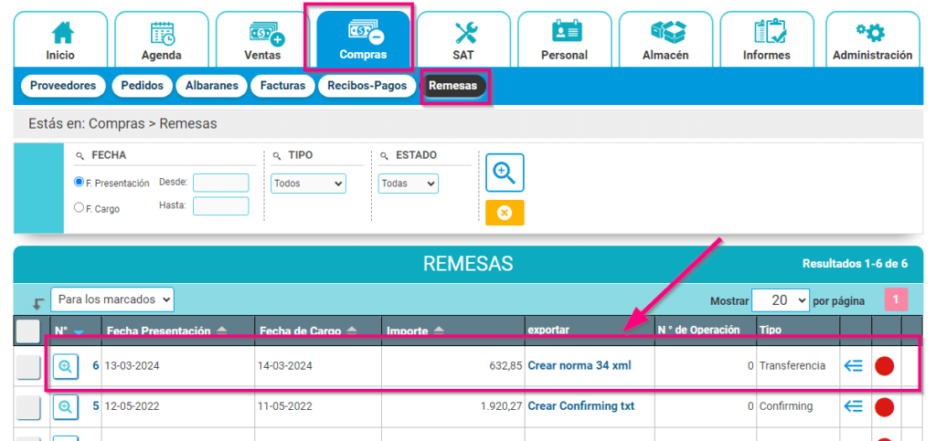 Enviar remesa de pago SEPA N34 en Cloud Gestion
