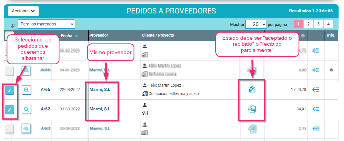 Seleccionar los pedidos de compras que queremos albaranar Seleccionar los pedidos de compras que queremos albaranar en Cloud Gestion