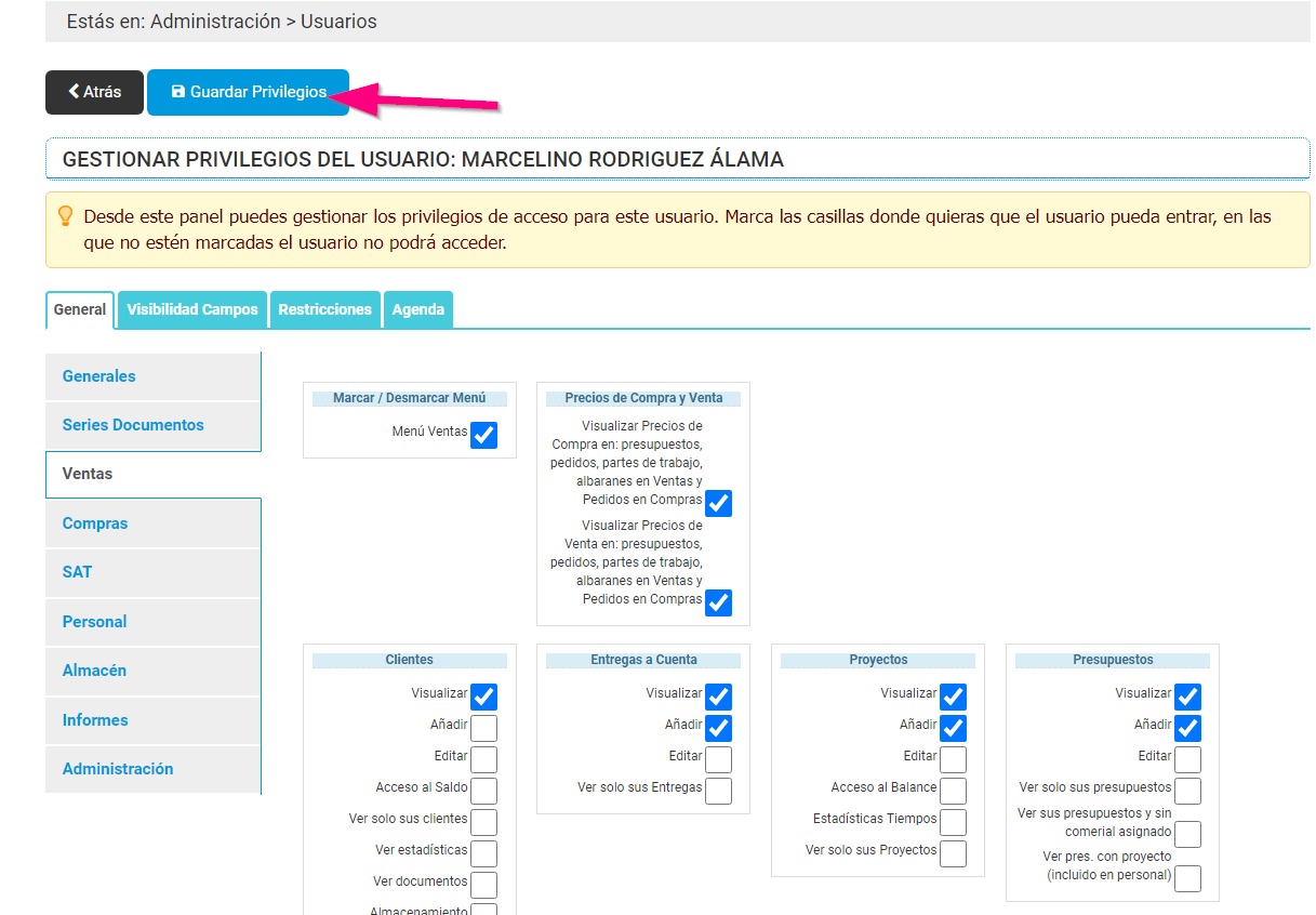 Seleccionar privilegios para los usuarios creados en Cloud Gestion Seleccionar privilegios para los usuarios creados en Cloud Gestion