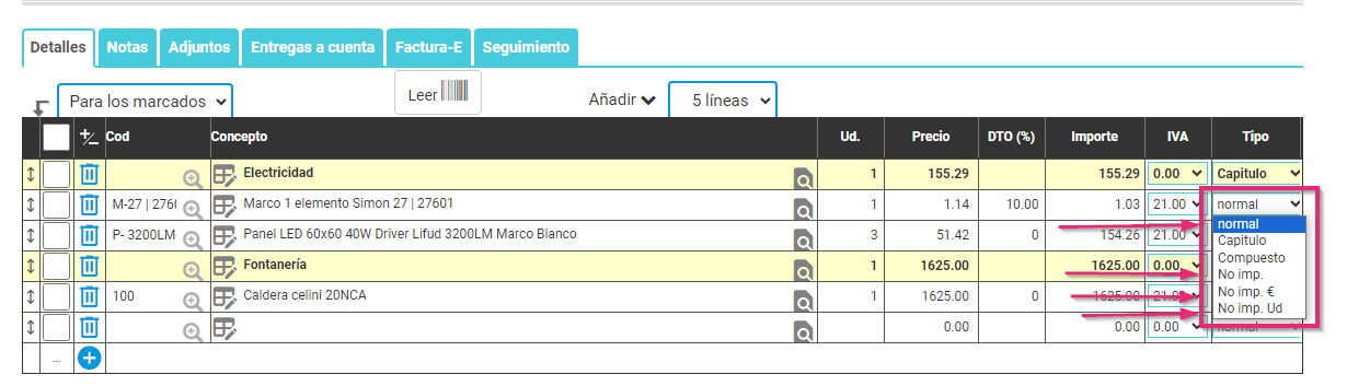 Tipos de líneas en Cloud Gestion Tipos de líneas en Cloud Gestion