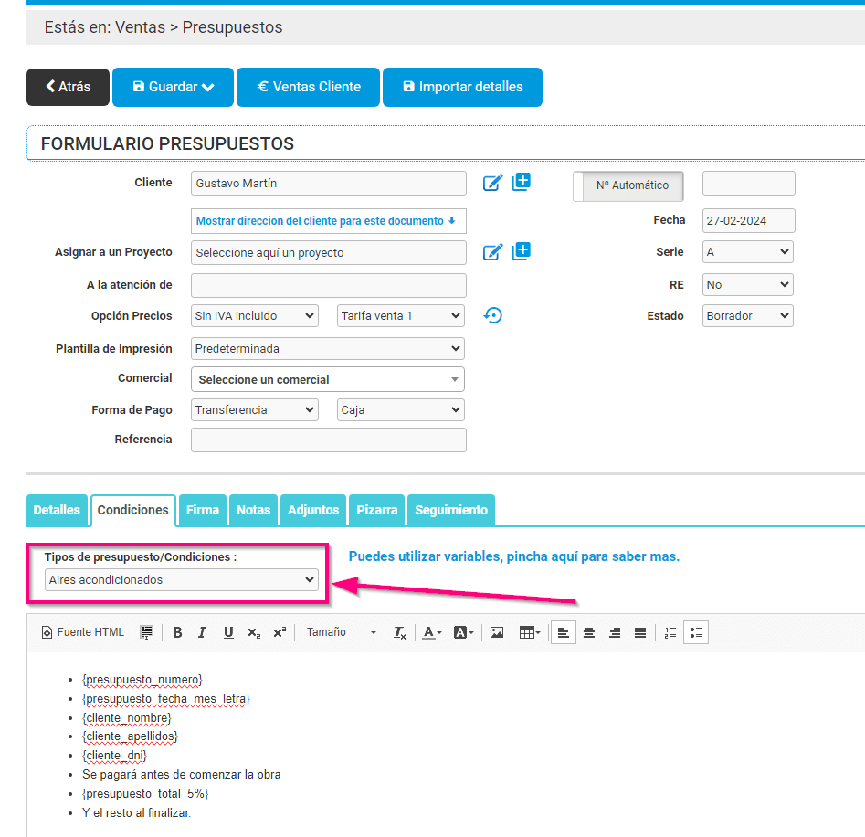 Añadir tipo de presupuesto Añadir tipo de presupuesto