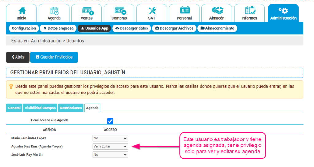Dar privilegios a un usuario trabajador a su agenda